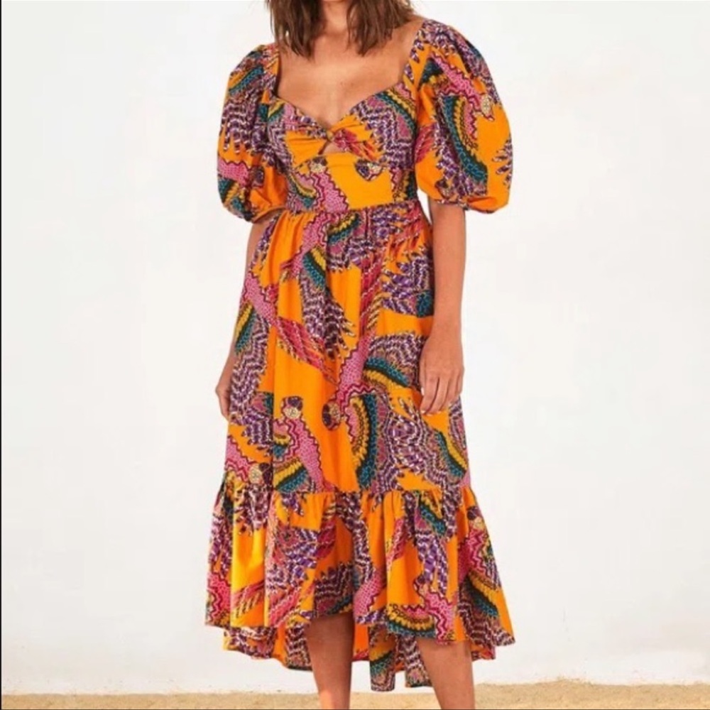 Farm Rio Macaw puff sleeve midi dress women’s size L